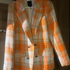 River Island Vibrant Orange and Cream Check Blazer